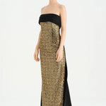 Göğüs Saten Katlamalı Drape Detaylı Taşlı Abiye Elbise- 26077C - Siyah - Gold