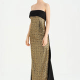 Göğüs Saten Katlamalı Drape Detaylı Taşlı Abiye Elbise- 26077C - Siyah - Gold