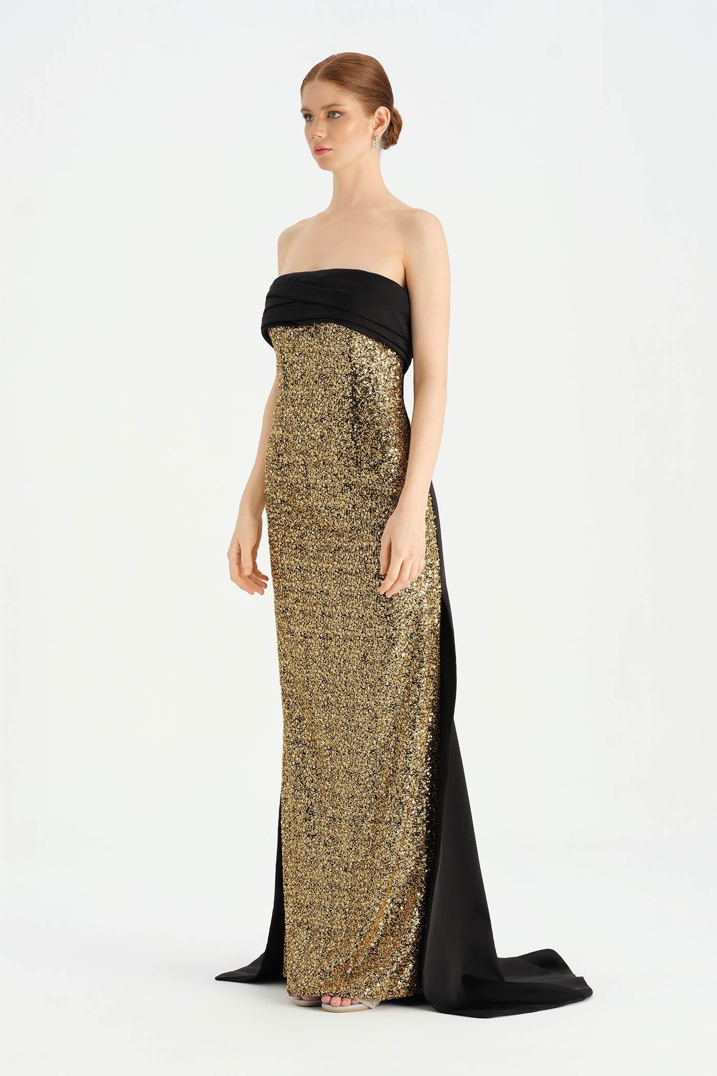 Göğüs Saten Katlamalı Drape Detaylı Taşlı Abiye Elbise- 26077C - Siyah - Gold