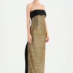 Göğüs Saten Katlamalı Drape Detaylı Taşlı Abiye Elbise- 26077C - Siyah - Gold