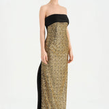 Göğüs Saten Katlamalı Drape Detaylı Taşlı Abiye Elbise- 26077C - Siyah - Gold