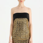 Göğüs Saten Katlamalı Drape Detaylı Taşlı Abiye Elbise- 26077C - Siyah - Gold