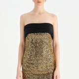 Göğüs Saten Katlamalı Drape Detaylı Taşlı Abiye Elbise- 26077C - Siyah - Gold