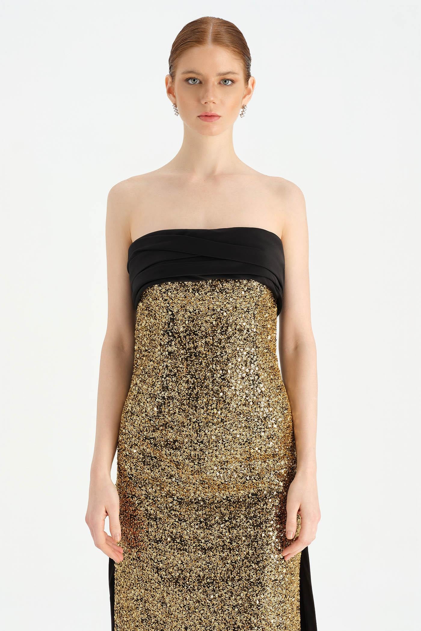 Göğüs Saten Katlamalı Drape Detaylı Taşlı Abiye Elbise- 26077C - Siyah - Gold