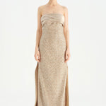 Göğüs Saten Katlamalı Drape Detaylı Taşlı Abiye Elbise- 26077C - Şampanya