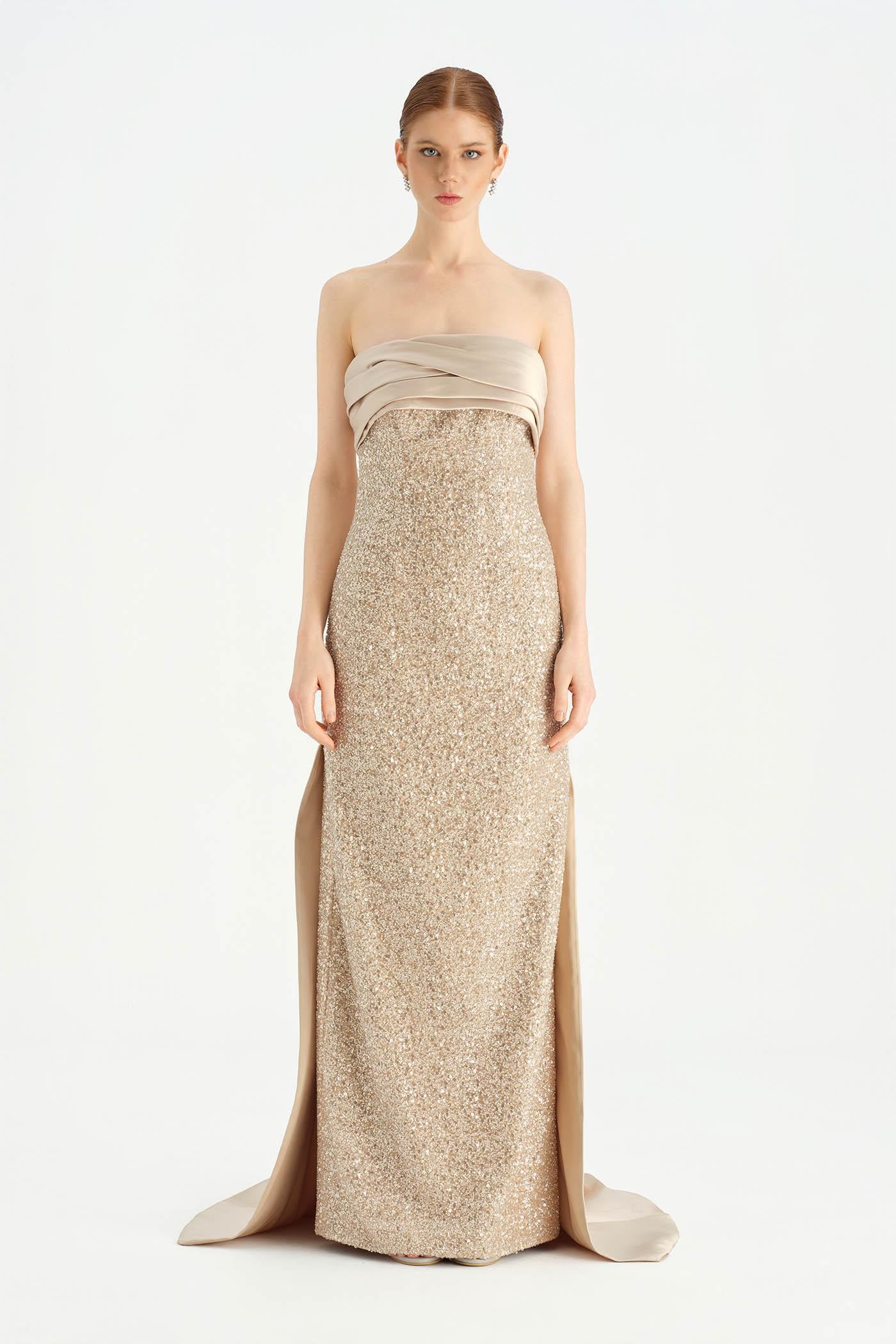 Göğüs Saten Katlamalı Drape Detaylı Taşlı Abiye Elbise- 26077C - Şampanya