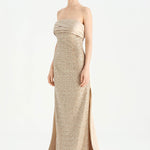 Göğüs Saten Katlamalı Drape Detaylı Taşlı Abiye Elbise- 26077C - Şampanya