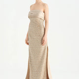 Göğüs Saten Katlamalı Drape Detaylı Taşlı Abiye Elbise- 26077C - Şampanya