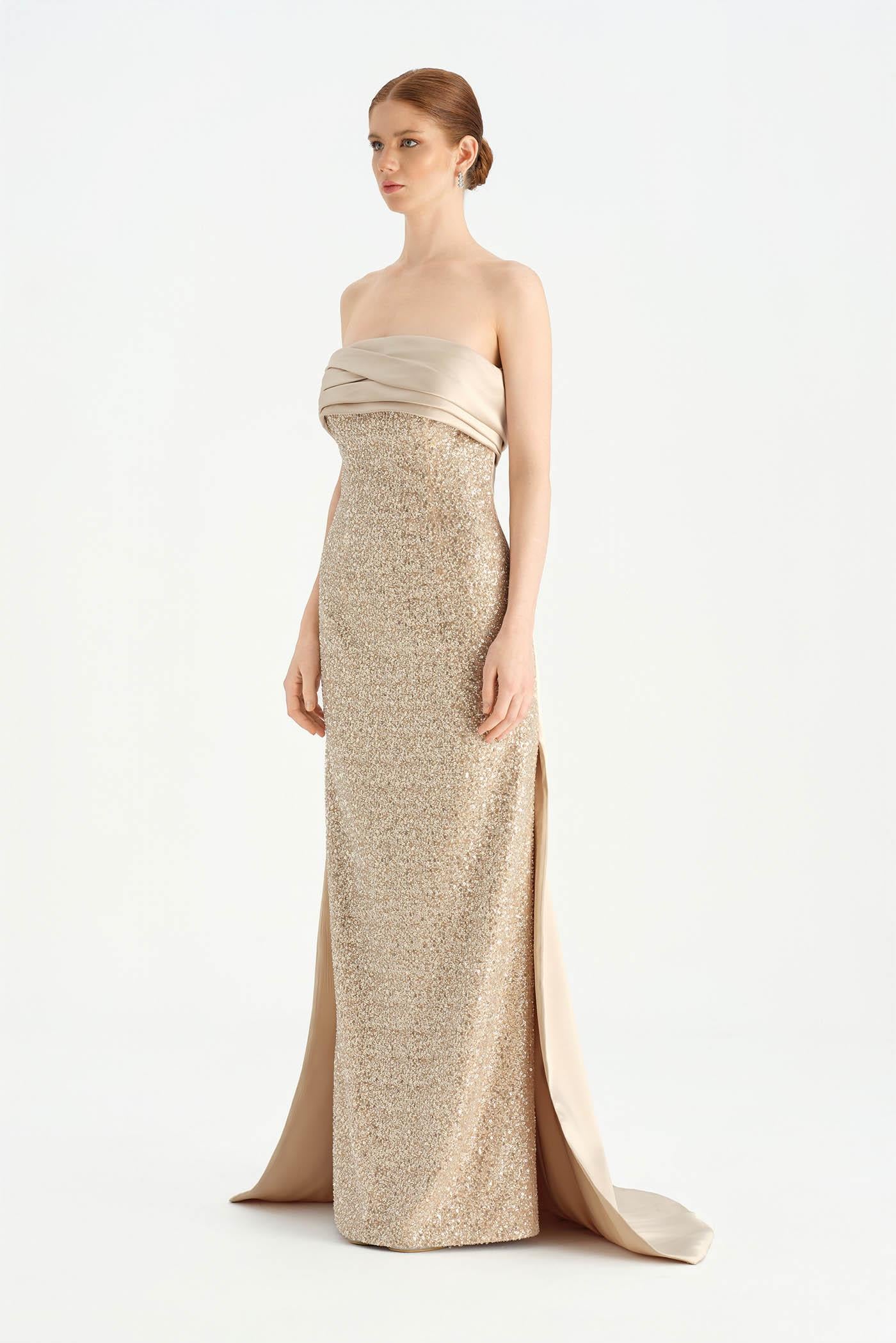 Göğüs Saten Katlamalı Drape Detaylı Taşlı Abiye Elbise- 26077C - Şampanya