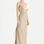 Göğüs Saten Katlamalı Drape Detaylı Taşlı Abiye Elbise- 26077C - Şampanya