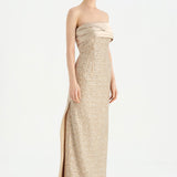 Göğüs Saten Katlamalı Drape Detaylı Taşlı Abiye Elbise- 26077C - Şampanya