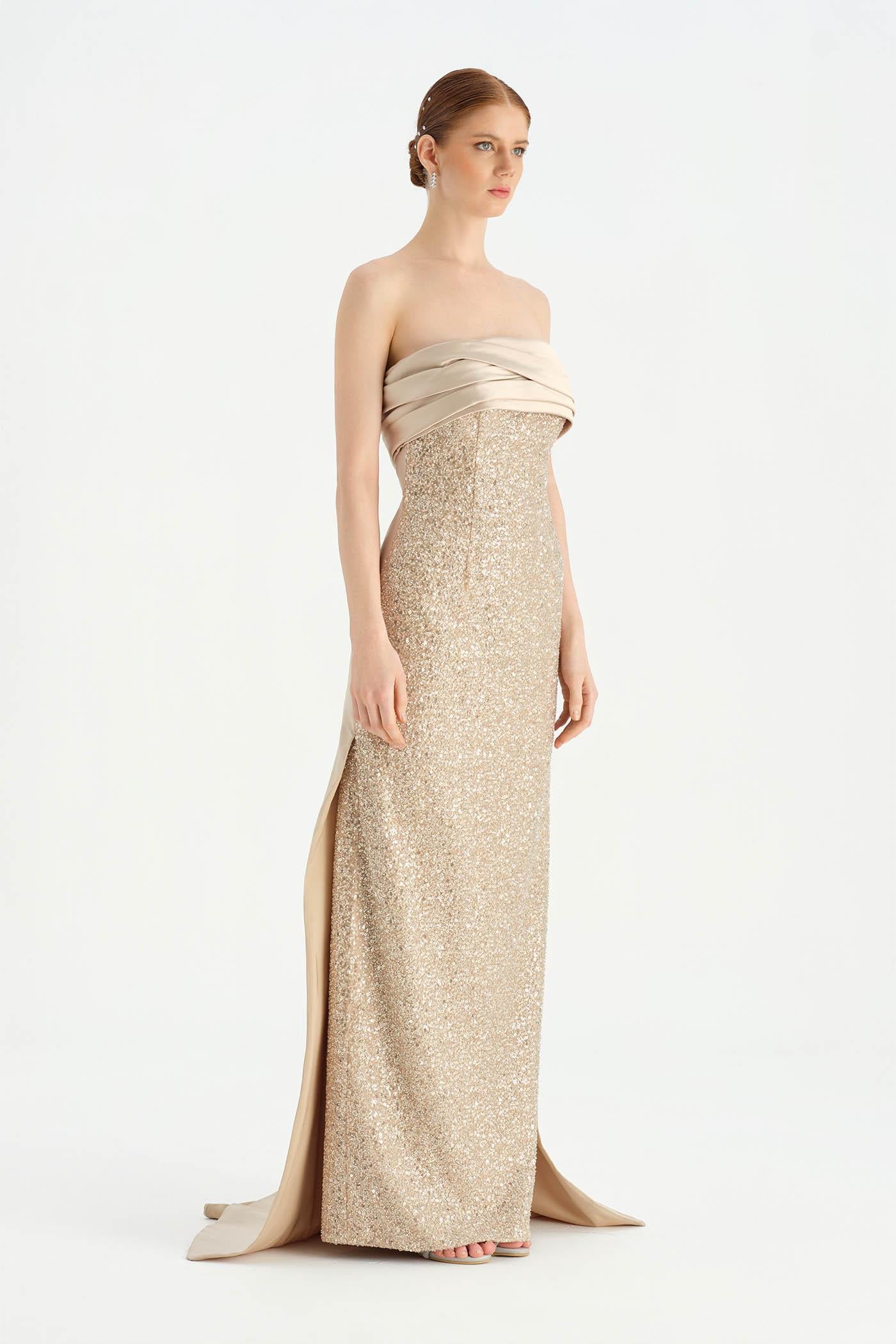 Göğüs Saten Katlamalı Drape Detaylı Taşlı Abiye Elbise- 26077C - Şampanya