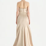 Göğüs Saten Katlamalı Drape Detaylı Taşlı Abiye Elbise- 26077C - Şampanya