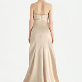 Göğüs Saten Katlamalı Drape Detaylı Taşlı Abiye Elbise- 26077C - Şampanya