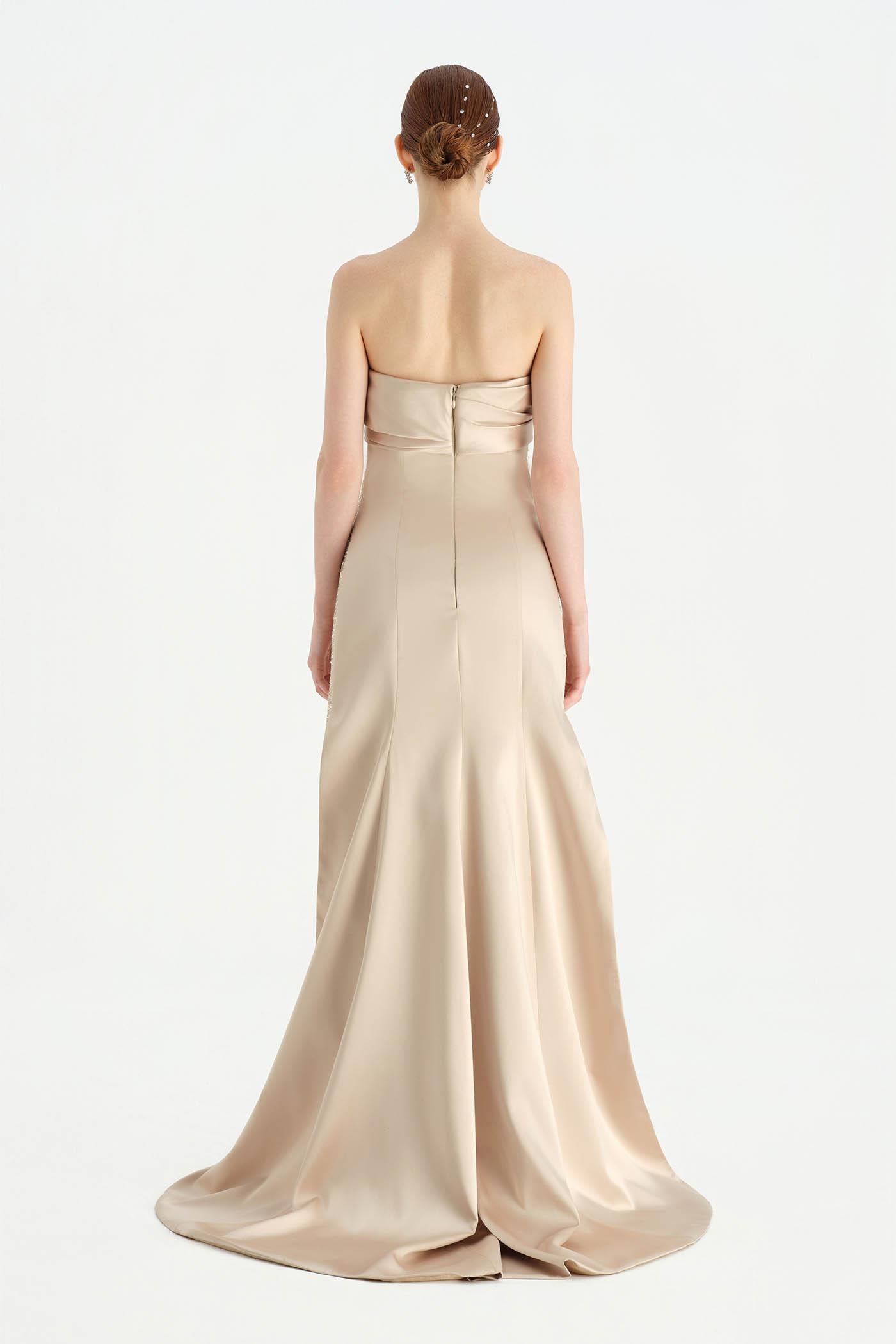 Göğüs Saten Katlamalı Drape Detaylı Taşlı Abiye Elbise- 26077C - Şampanya