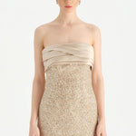 Göğüs Saten Katlamalı Drape Detaylı Taşlı Abiye Elbise- 26077C - Şampanya