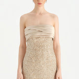 Göğüs Saten Katlamalı Drape Detaylı Taşlı Abiye Elbise- 26077C - Şampanya