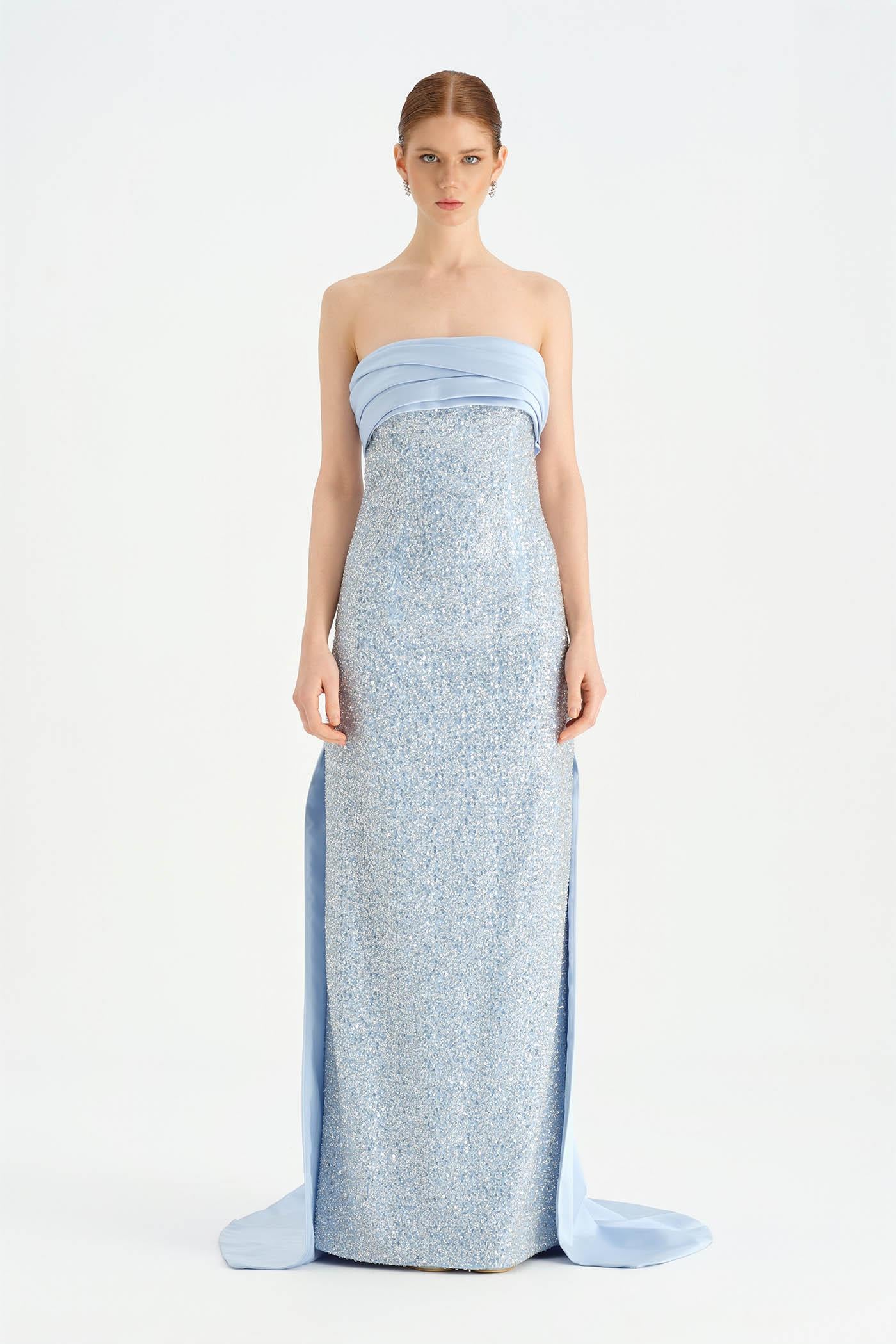 Evening Dress with Draped Train and Stones - 26077C