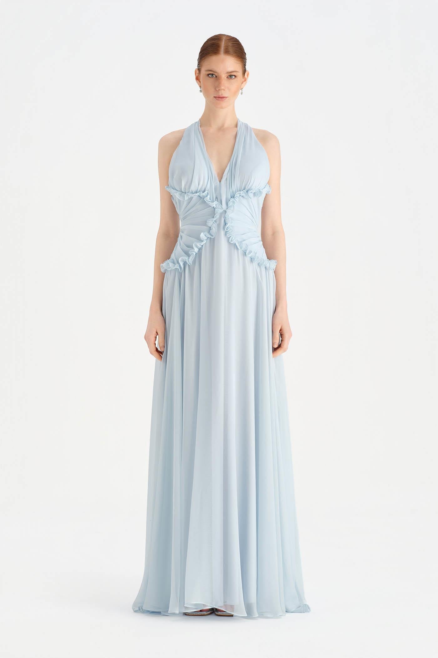 Chiffon Evening Dress with Neck Straps and Waist Detail - 26151C