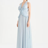 Chiffon Evening Dress with Neck Straps and Waist Detail - 26151C