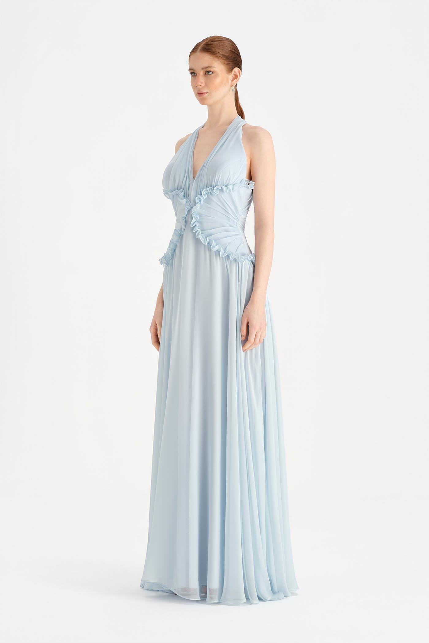 Chiffon Evening Dress with Neck Straps and Waist Detail - 26151C
