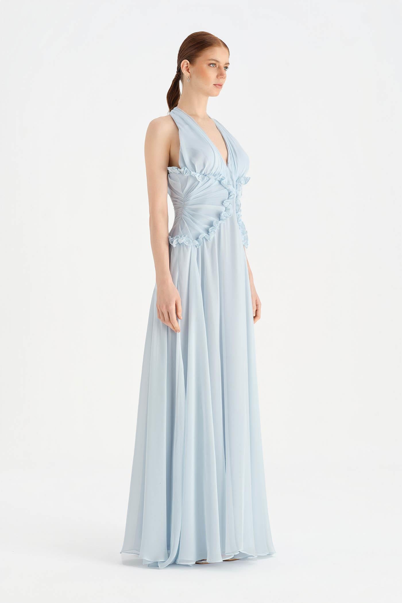 Chiffon Evening Dress with Neck Straps and Waist Detail - 26151C