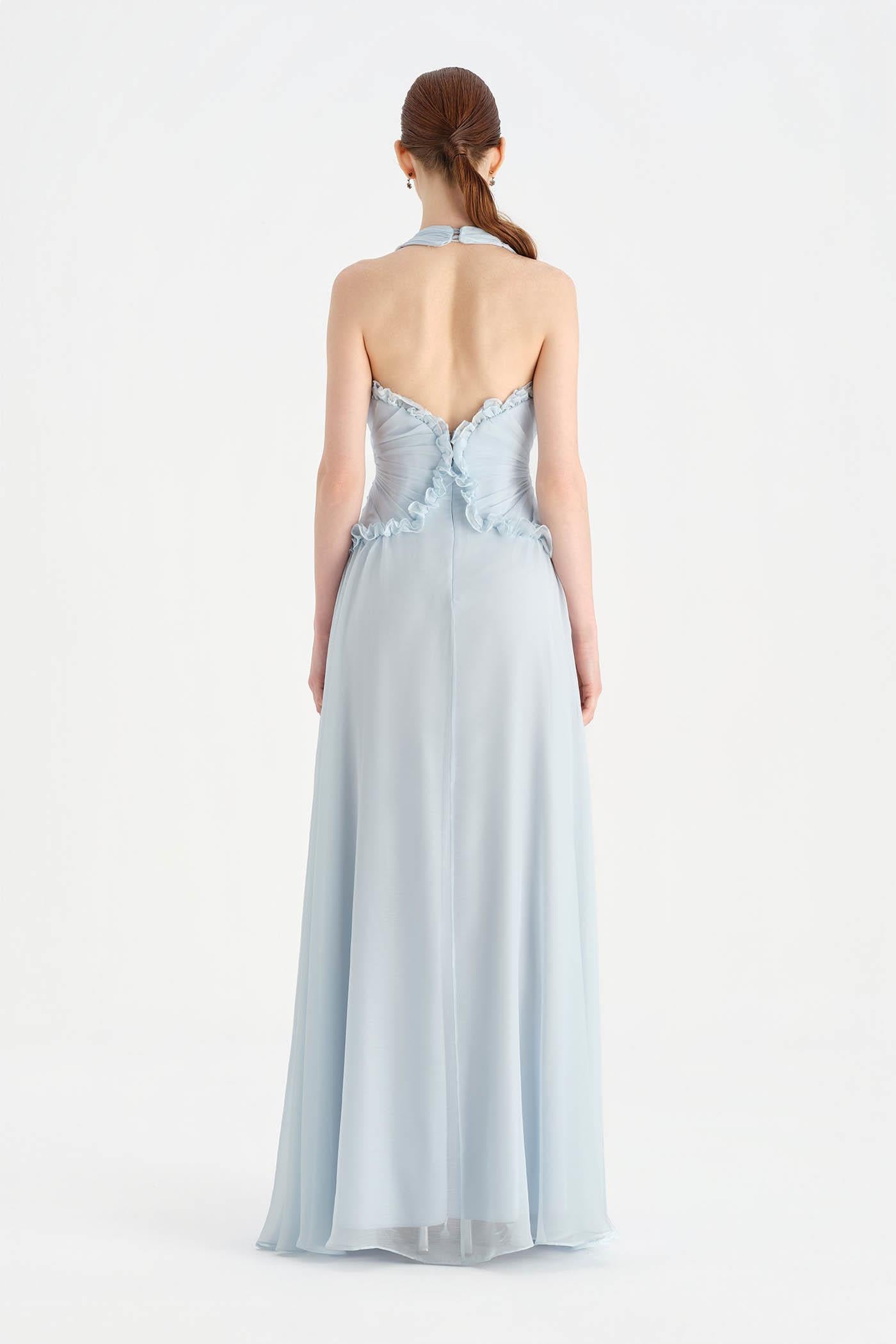 Chiffon Evening Dress with Neck Straps and Waist Detail - 26151C