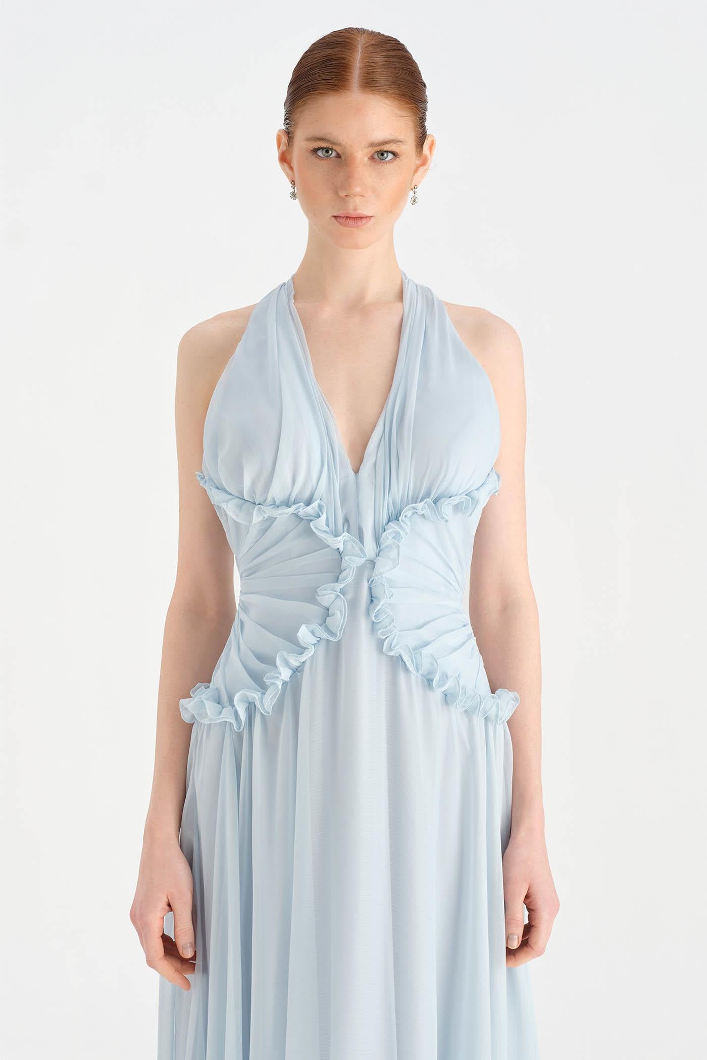 Chiffon Evening Dress with Neck Straps and Waist Detail - 26151C