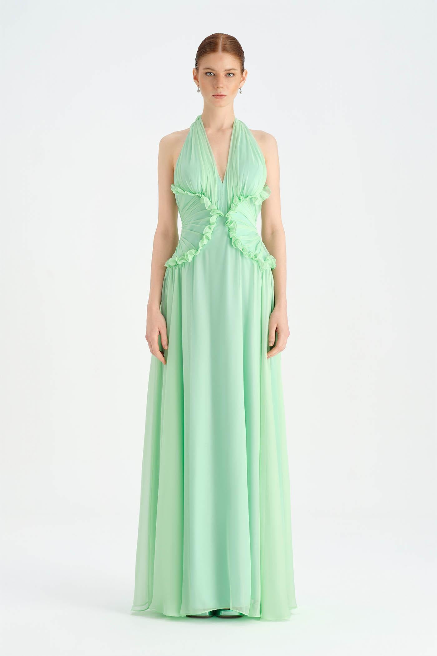 Chiffon Evening Dress with Neck Straps and Waist Detail - 26151C