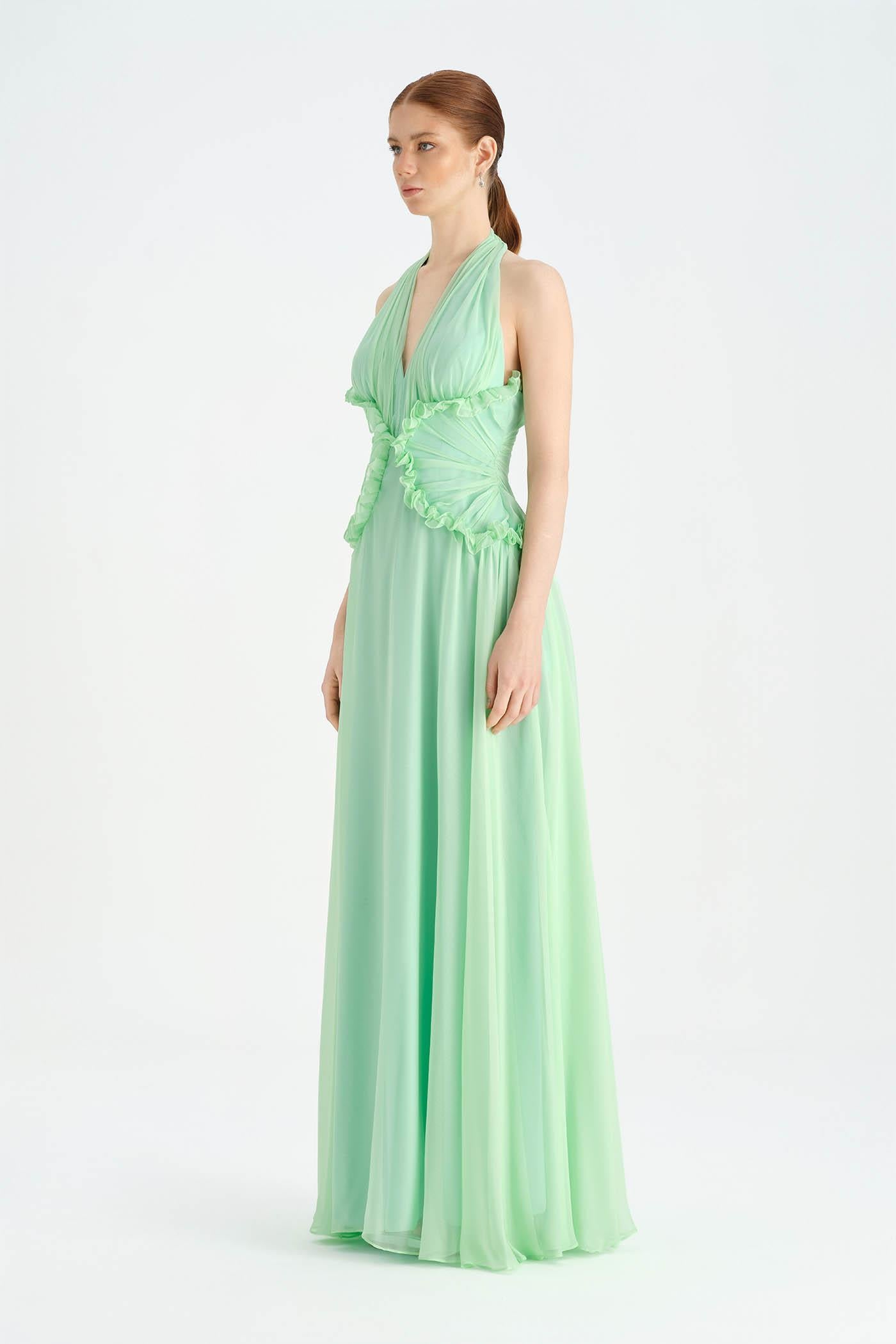 Chiffon Evening Dress with Neck Straps and Waist Detail - 26151C