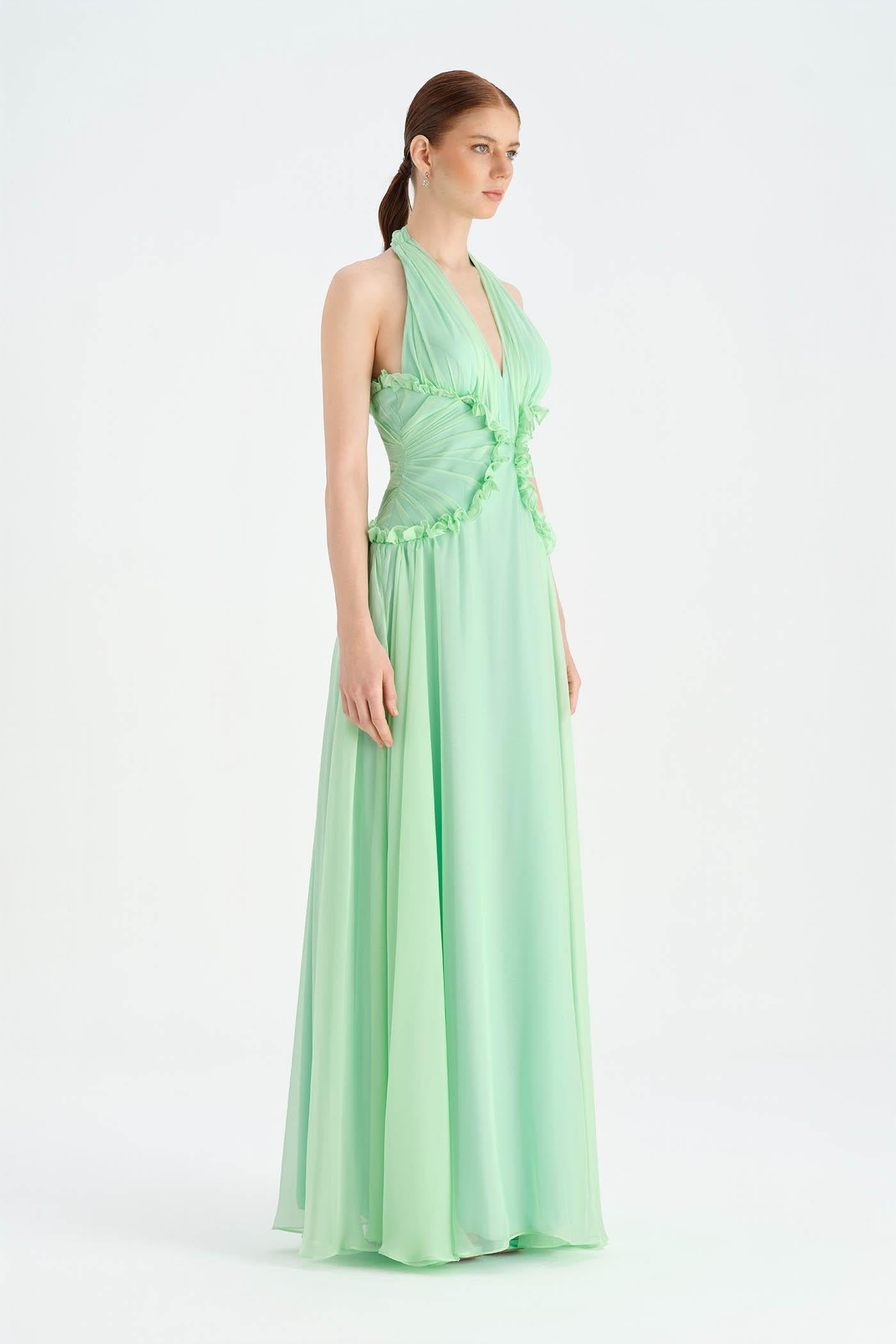 Chiffon Evening Dress with Neck Straps and Waist Detail - 26151C