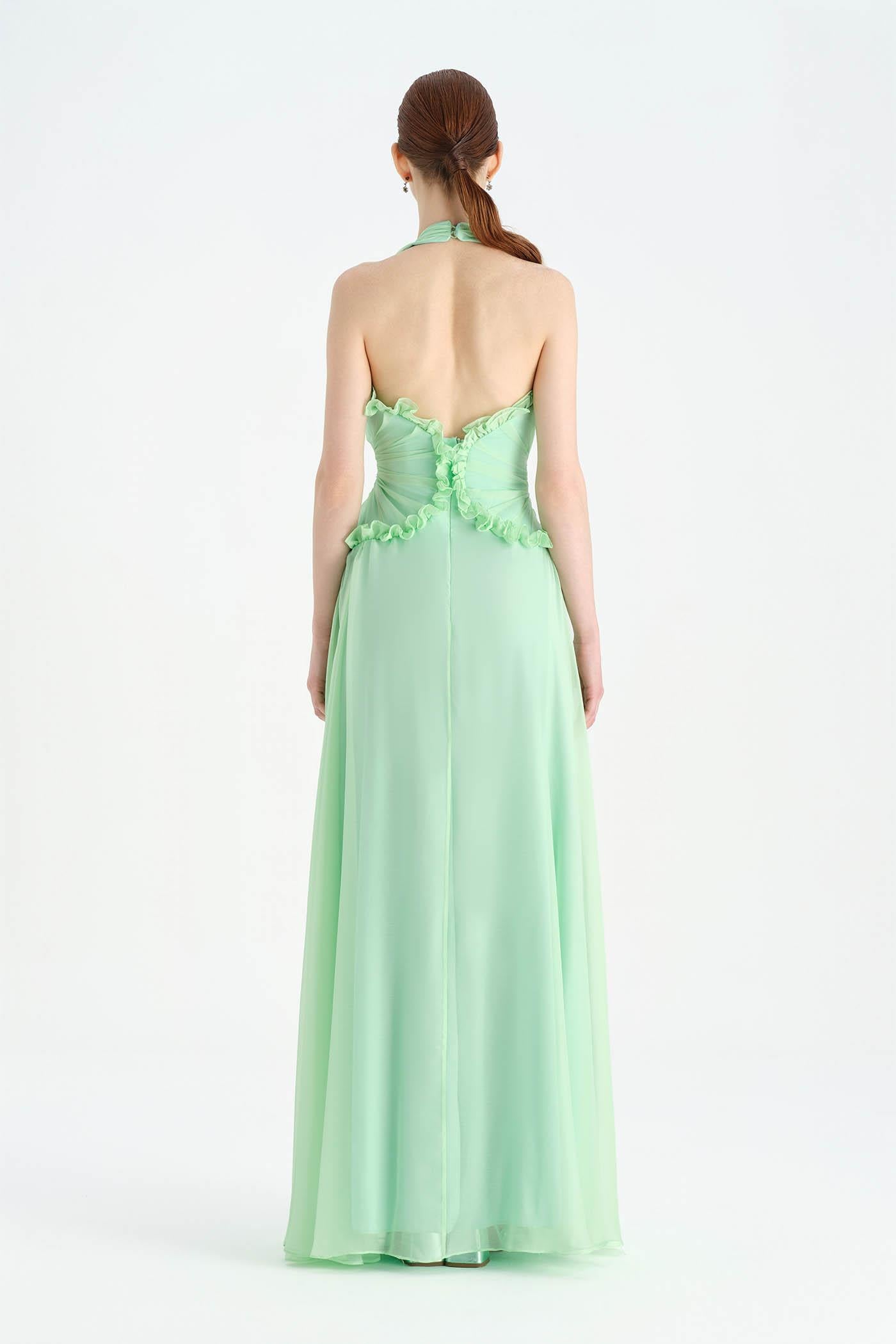 Chiffon Evening Dress with Neck Straps and Waist Detail - 26151C