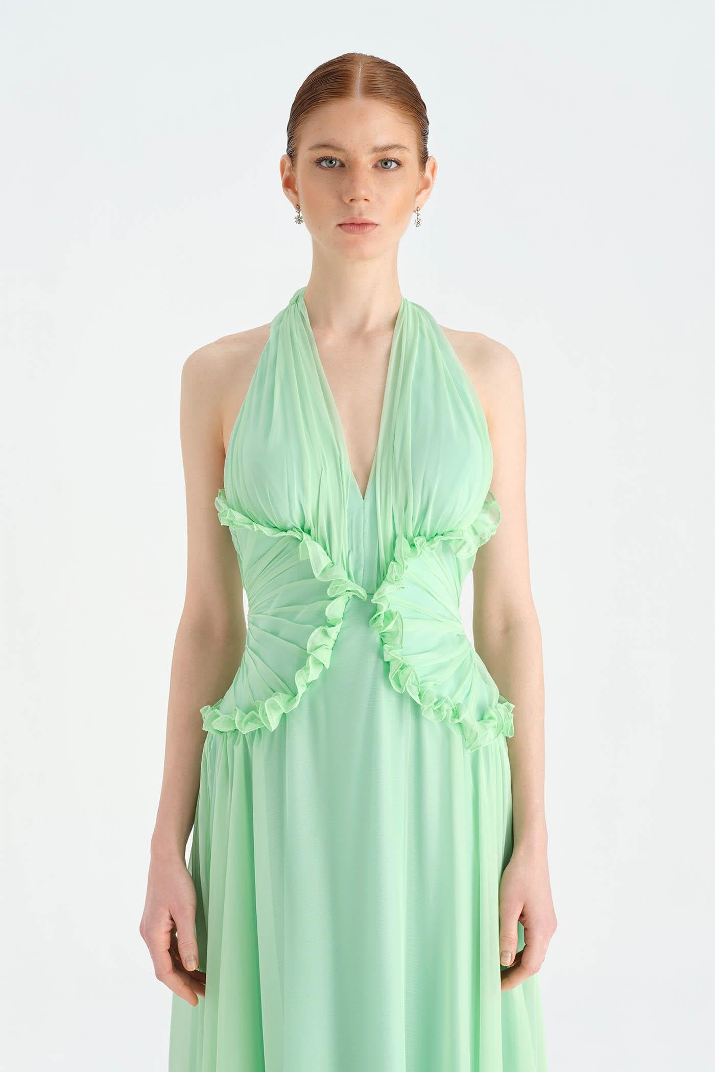 Chiffon Evening Dress with Neck Straps and Waist Detail - 26151C