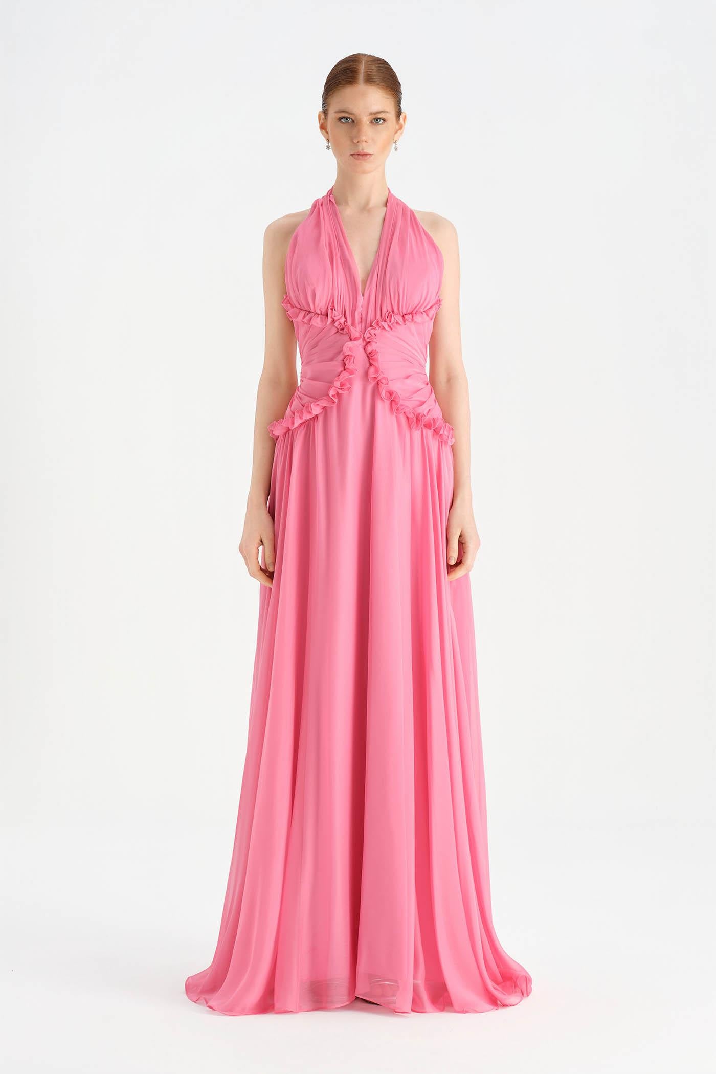 Chiffon Evening Dress with Neck Straps and Waist Detail - 26151C