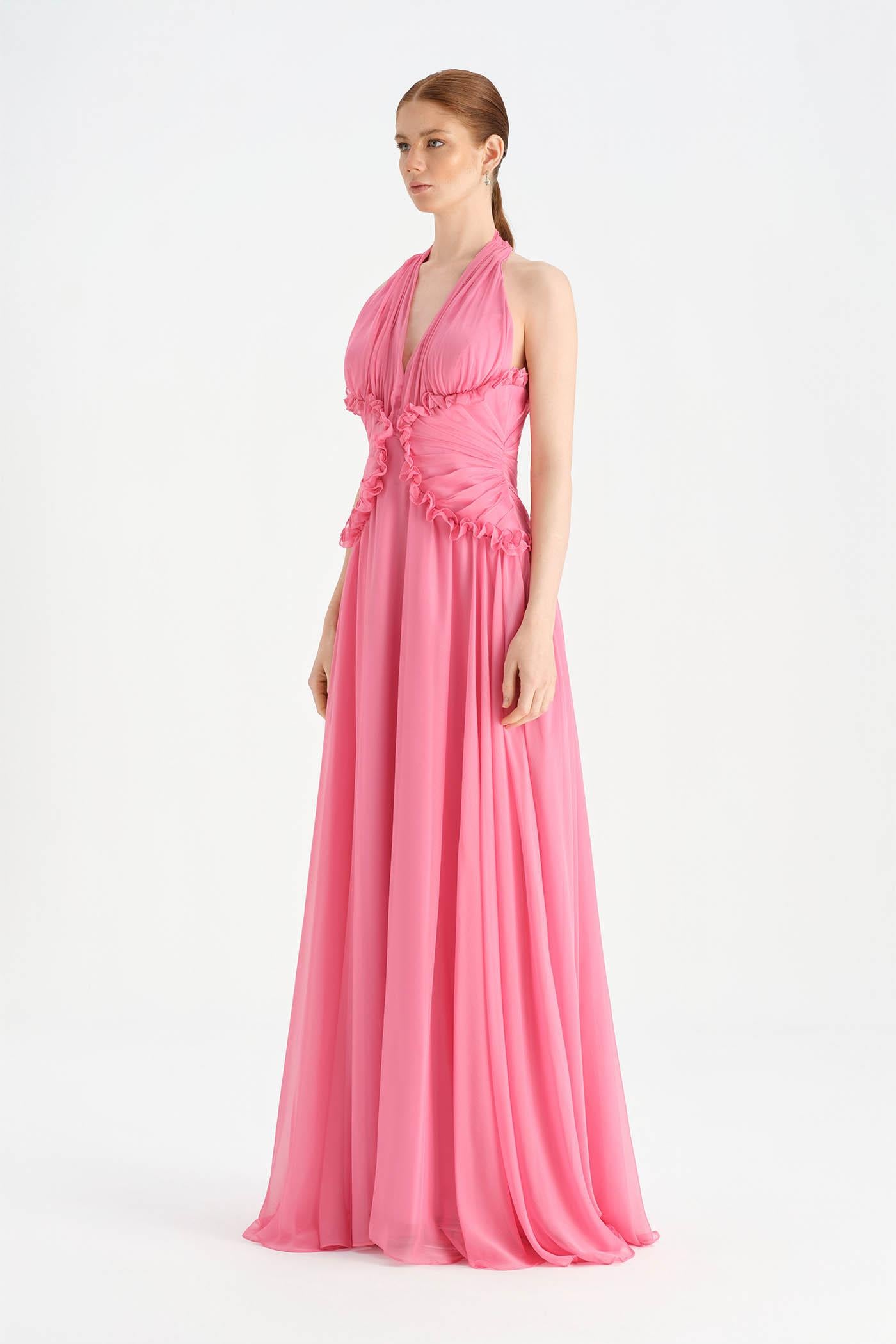 Chiffon Evening Dress with Neck Straps and Waist Detail - 26151C