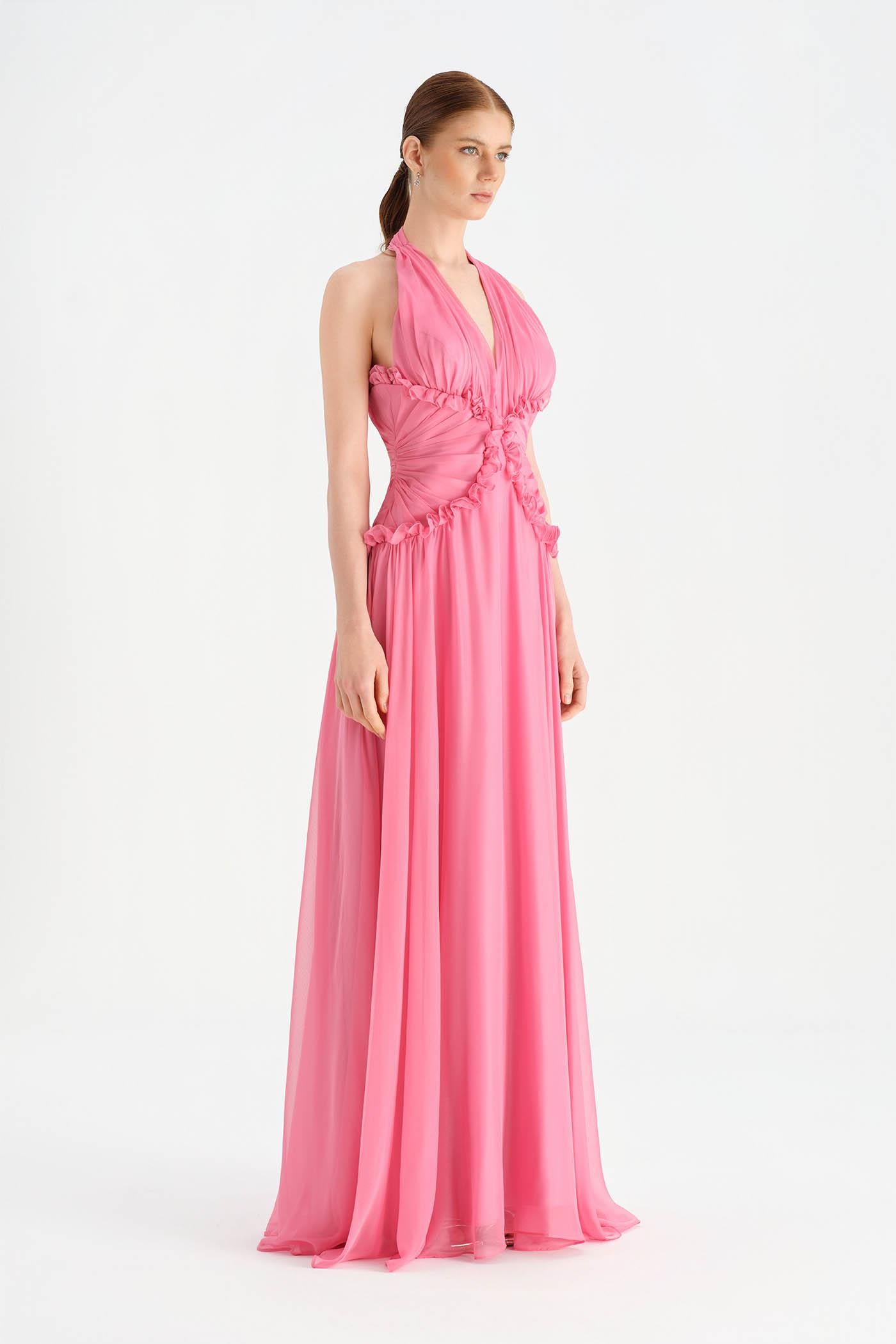 Chiffon Evening Dress with Neck Straps and Waist Detail - 26151C
