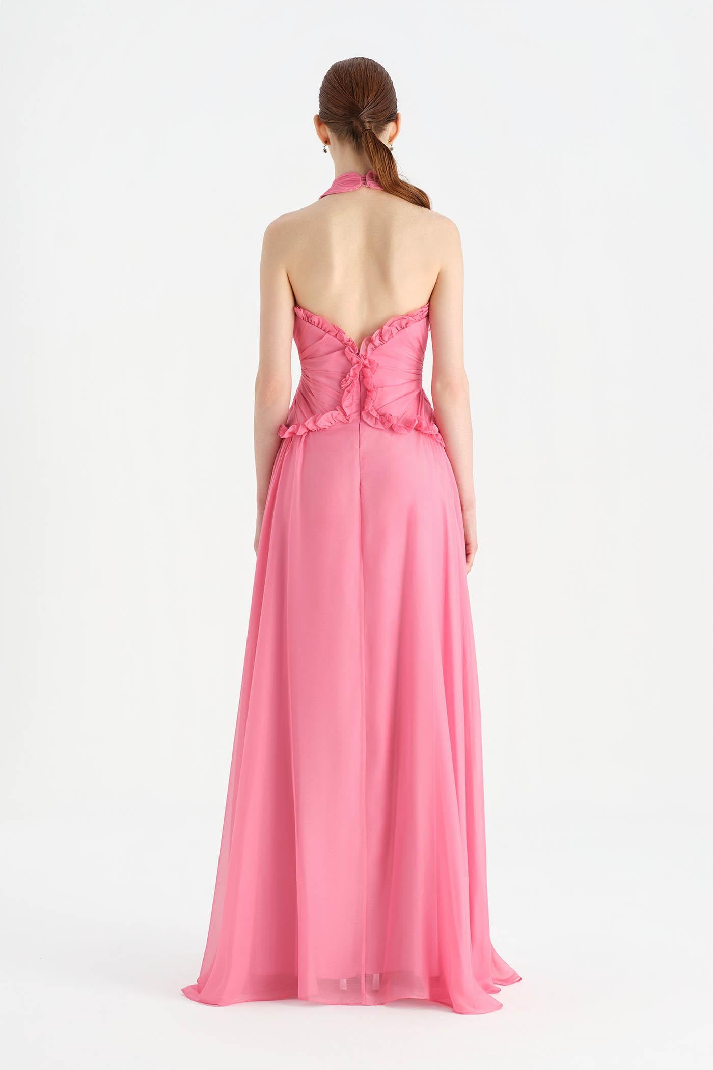 Chiffon Evening Dress with Neck Straps and Waist Detail - 26151C