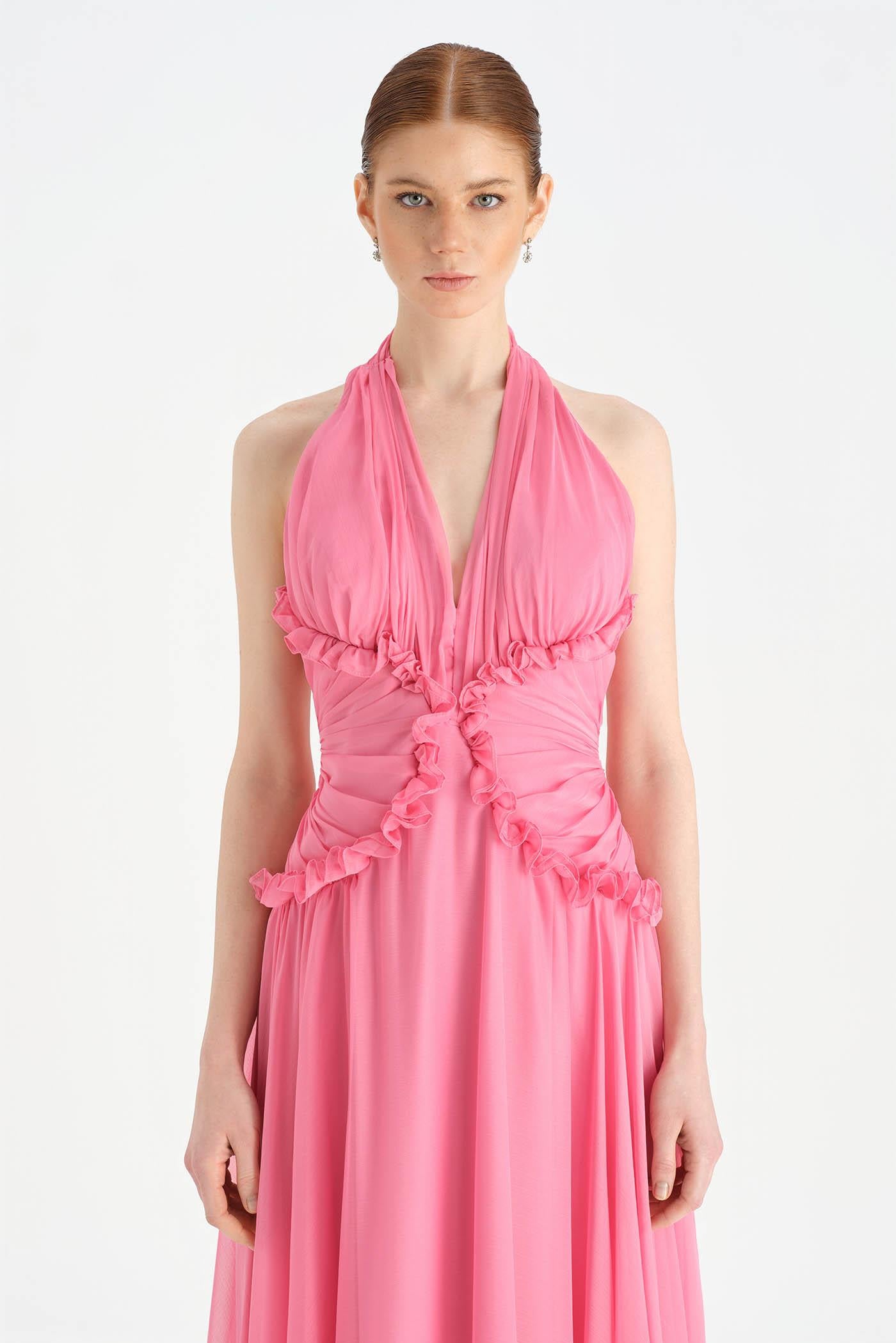 Chiffon Evening Dress with Neck Straps and Waist Detail - 26151C