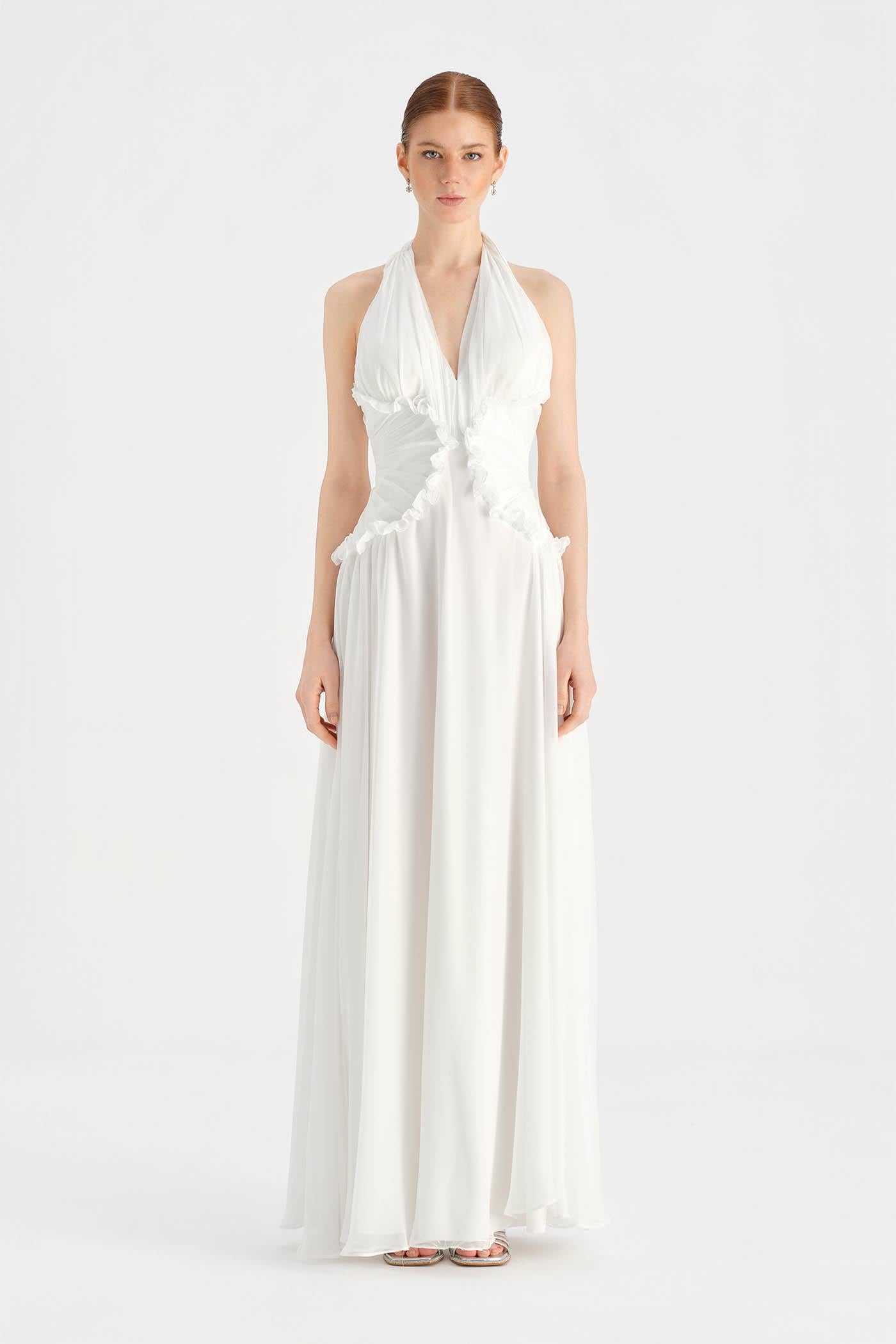 Chiffon Evening Dress with Neck Straps and Waist Detail - 26151C