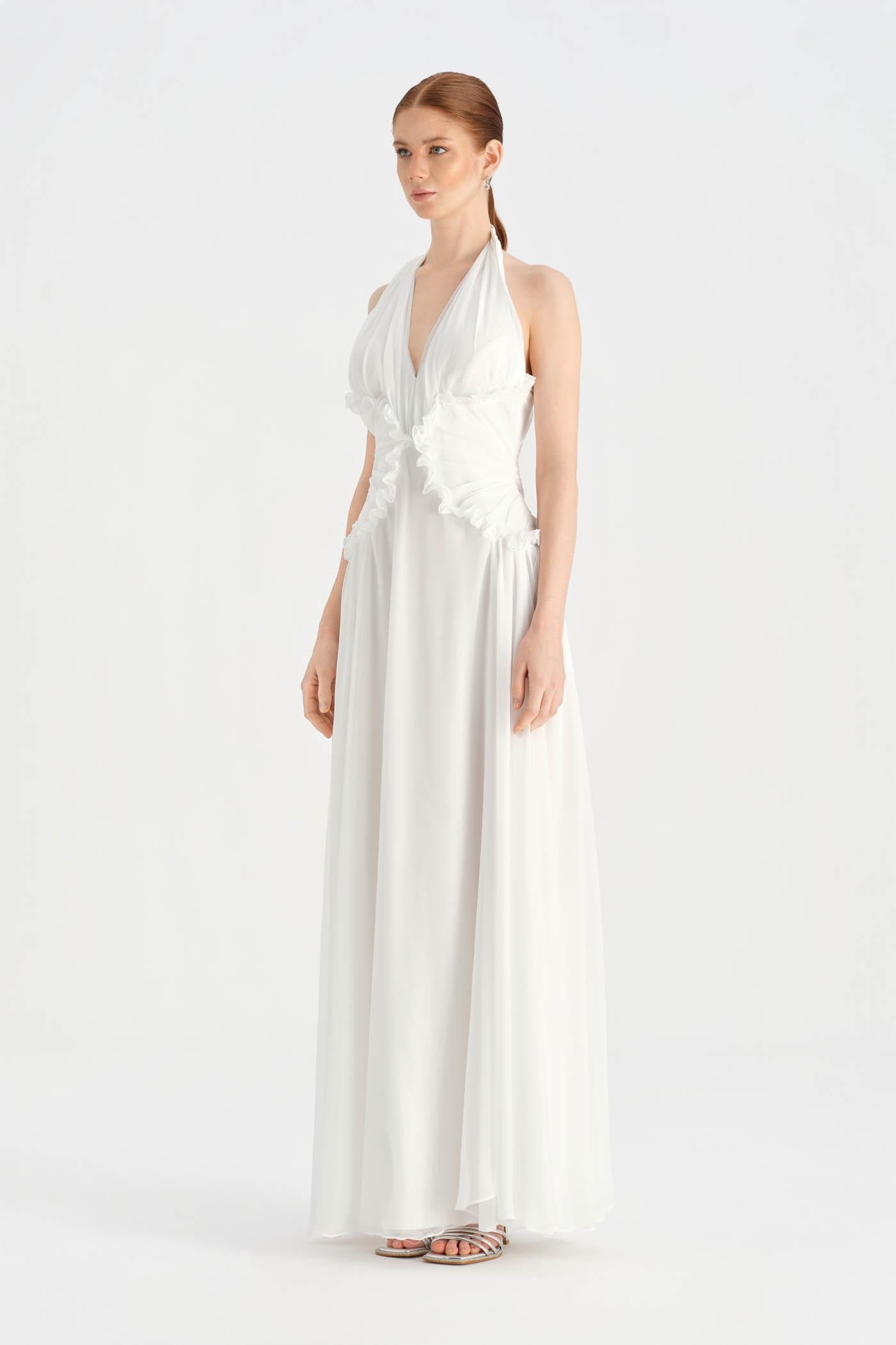 Chiffon Evening Dress with Neck Straps and Waist Detail - 26151C