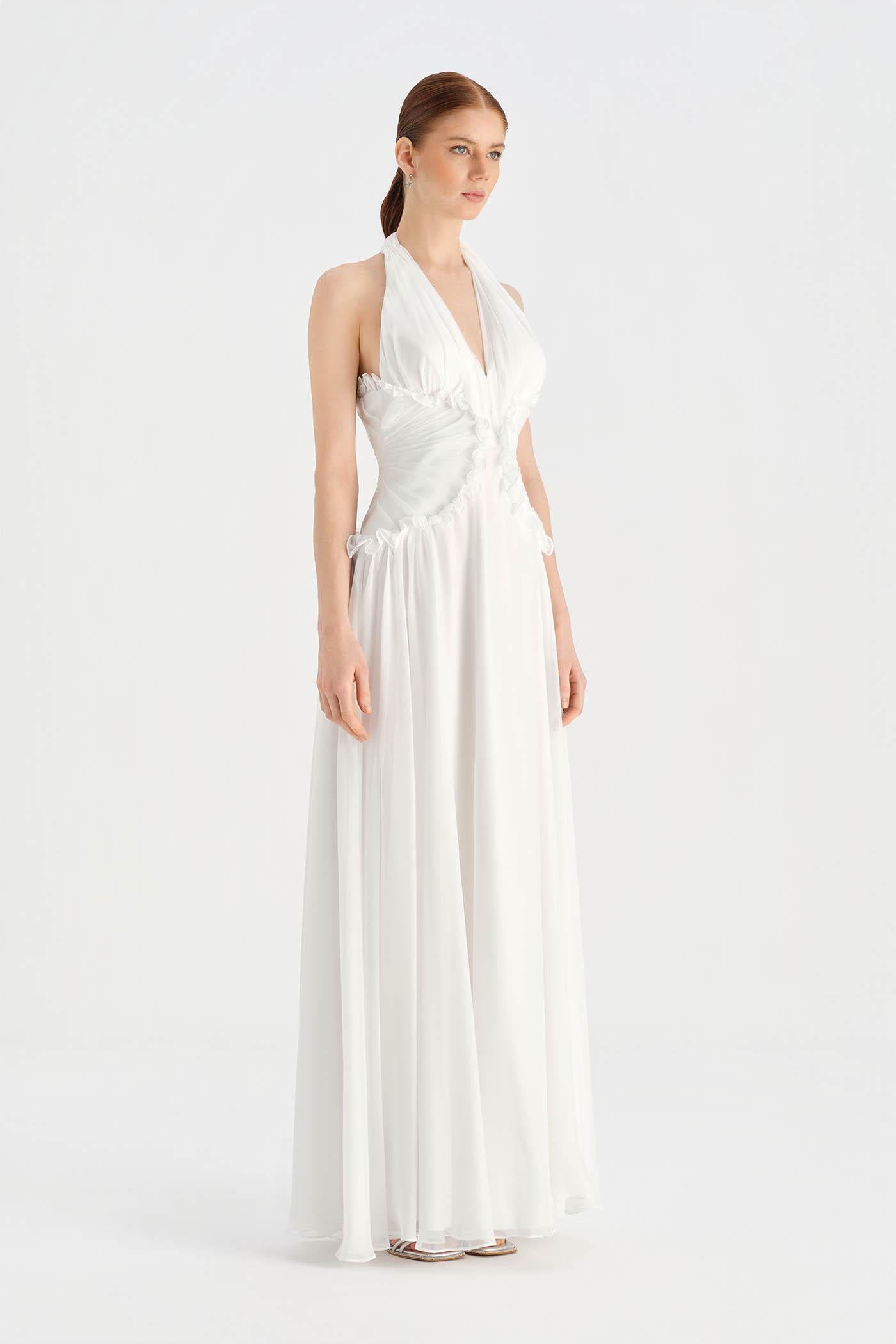 Chiffon Evening Dress with Neck Straps and Waist Detail - 26151C