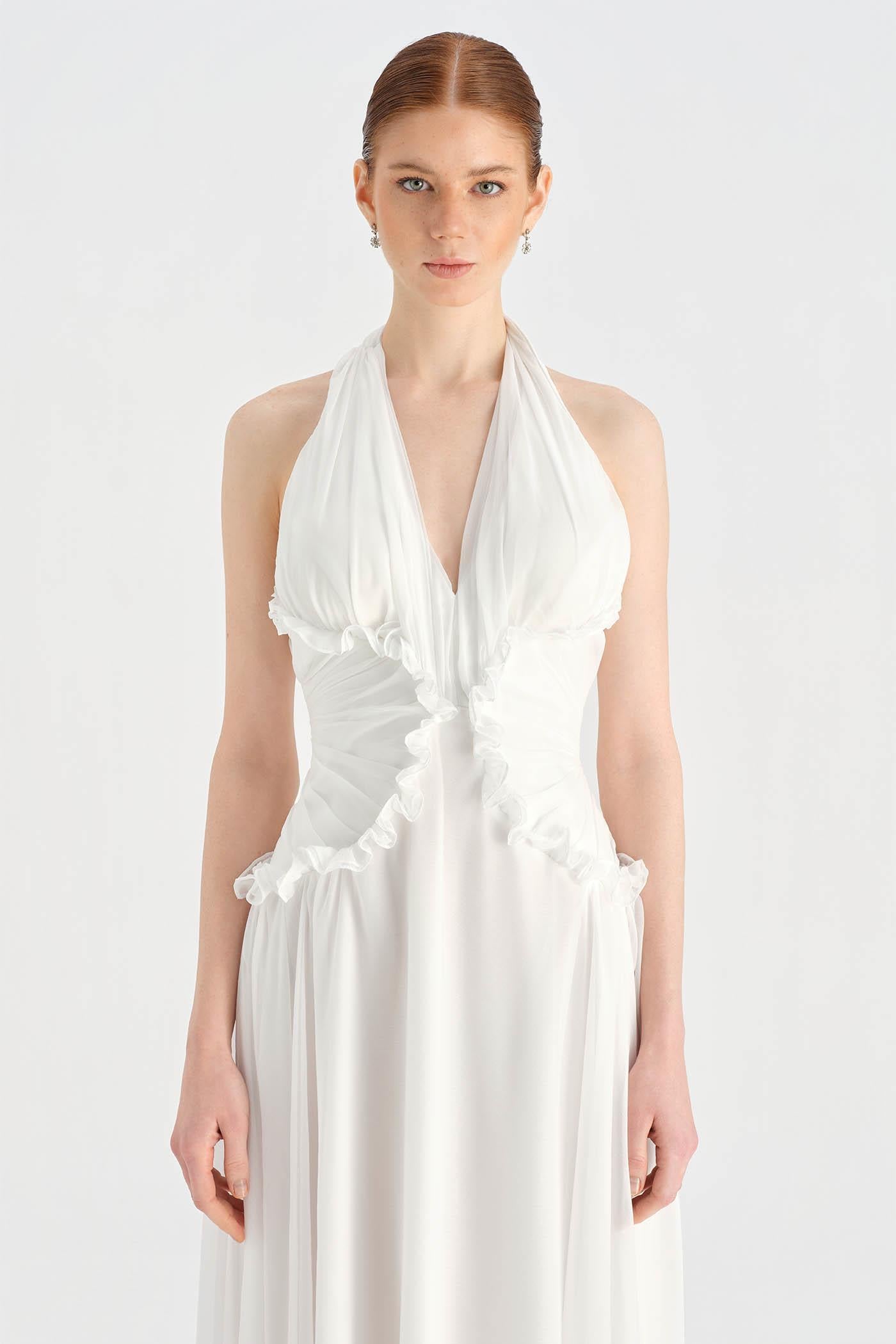 Chiffon Evening Dress with Neck Straps and Waist Detail - 26151C