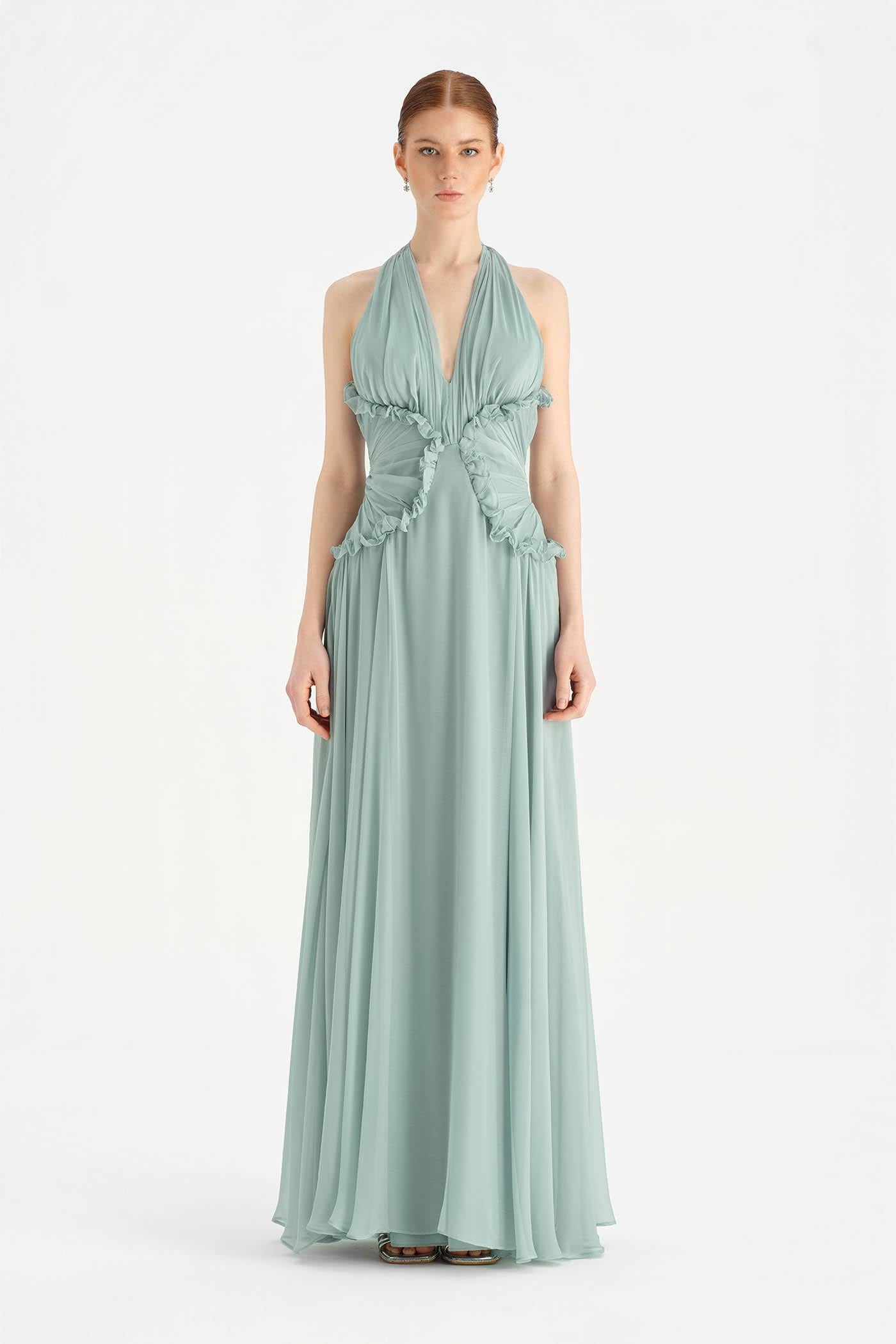 Chiffon Evening Dress with Neck Straps and Waist Detail - 26151C