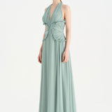 Chiffon Evening Dress with Neck Straps and Waist Detail - 26151C