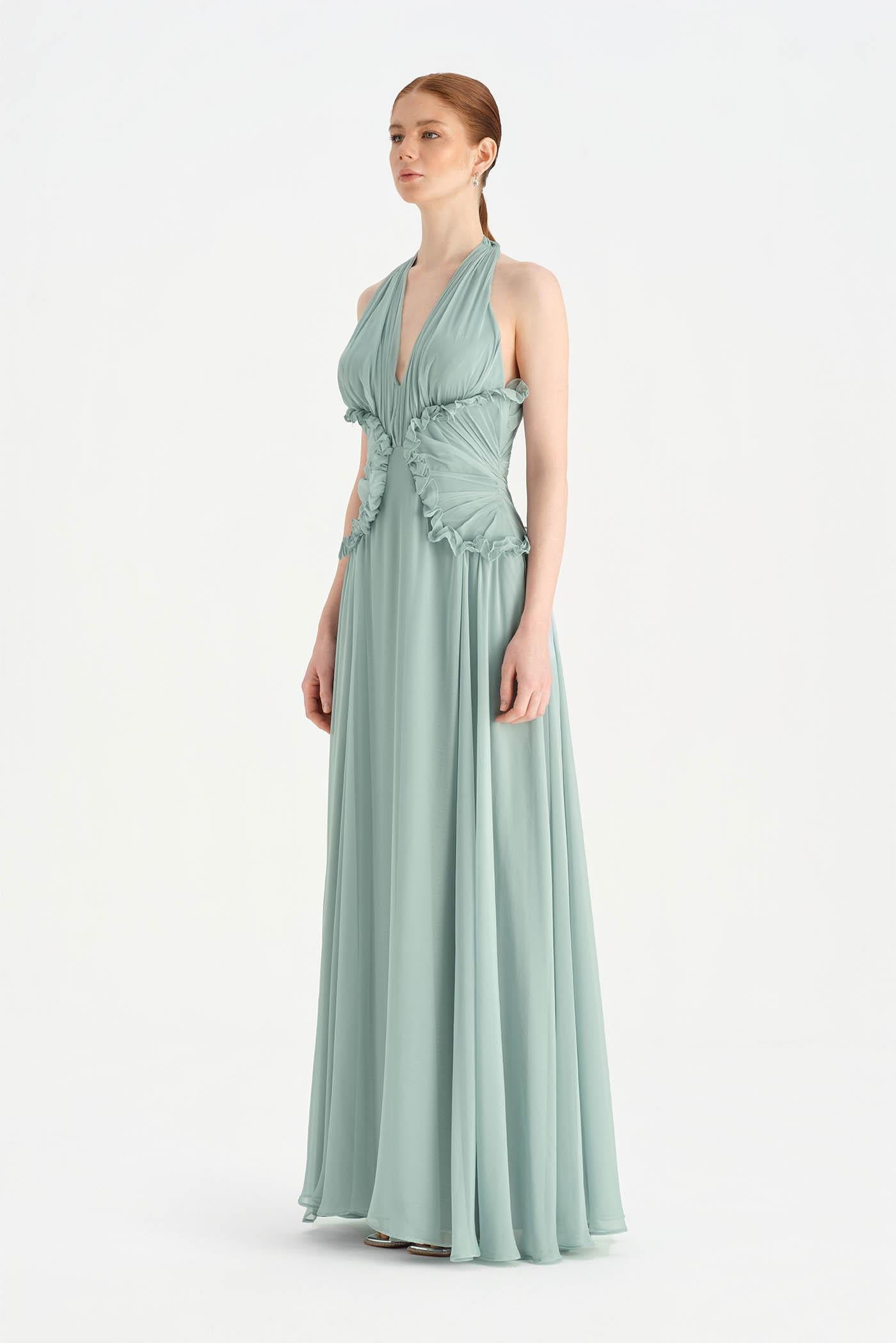 Chiffon Evening Dress with Neck Straps and Waist Detail - 26151C