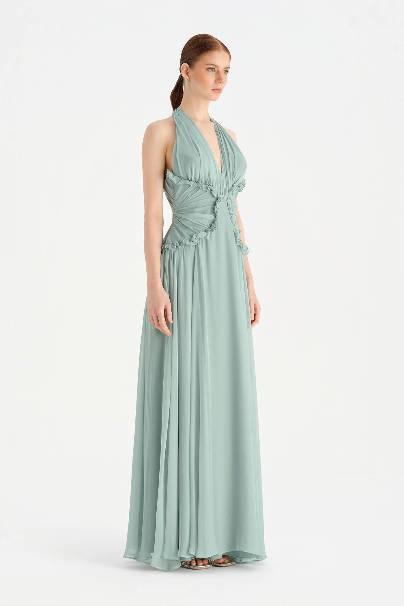 Chiffon Evening Dress with Neck Straps and Waist Detail - 26151C