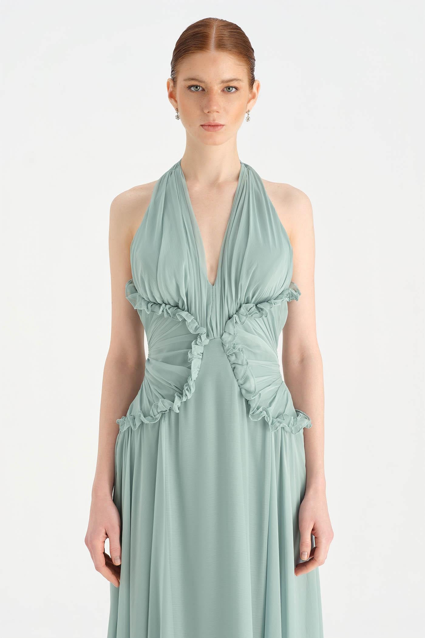 Chiffon Evening Dress with Neck Straps and Waist Detail - 26151C