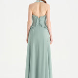 Chiffon Evening Dress with Neck Straps and Waist Detail - 26151C