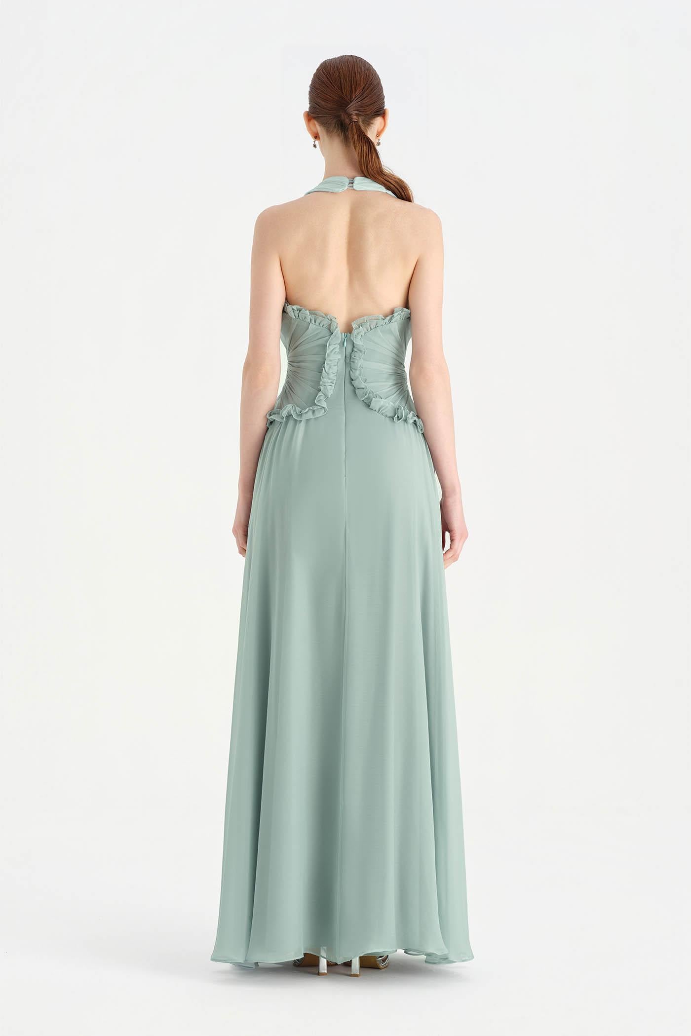Chiffon Evening Dress with Neck Straps and Waist Detail - 26151C