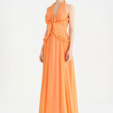 Chiffon Evening Dress with Neck Straps and Waist Detail - 26151C